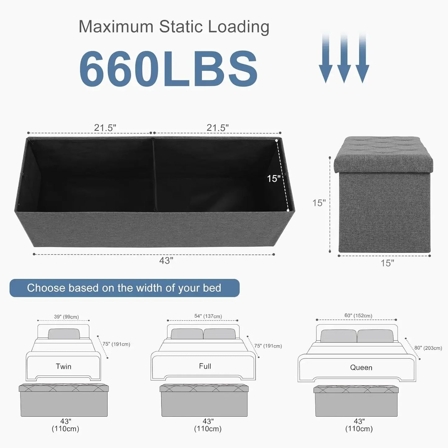 43in Foldable Storage Ottoman with Padded Seat