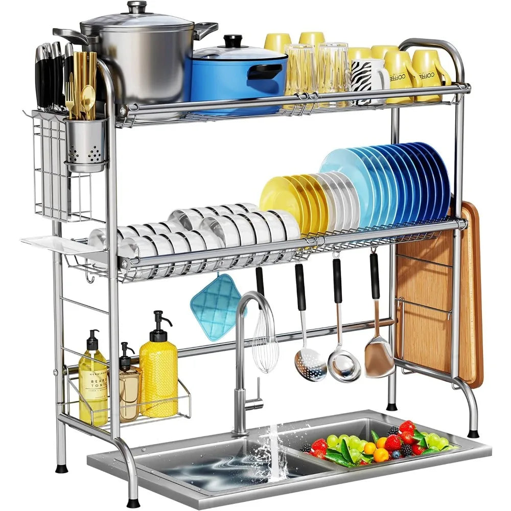 2-Tier Stainless Steel Large Over The Sink Dish Rack with Utensil Holder