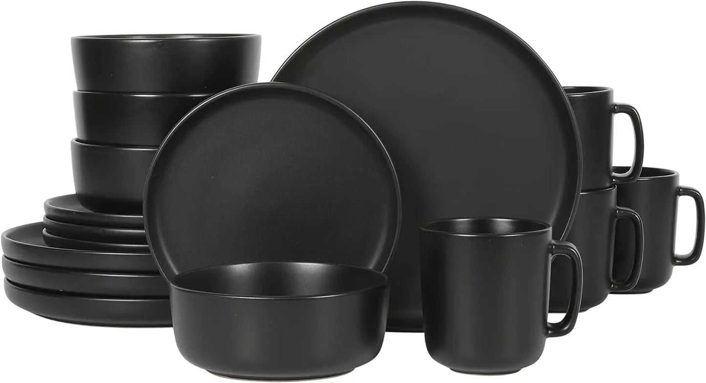 Zuma Stoneware Plates, Bowls, & Mugs Dinnerware Set - Matte , Service for Four (16pcs)