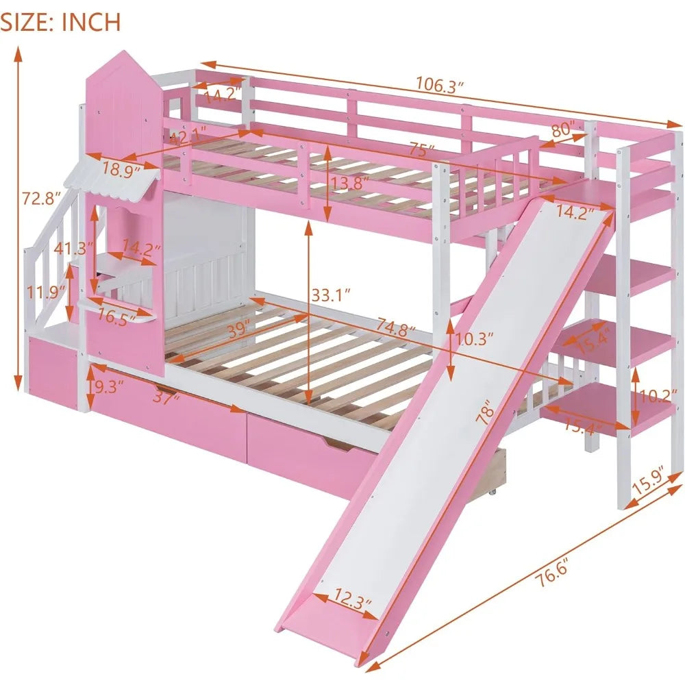 Twin Over Twin Bunk Bed with Slide, Staircase Storage and Drawers