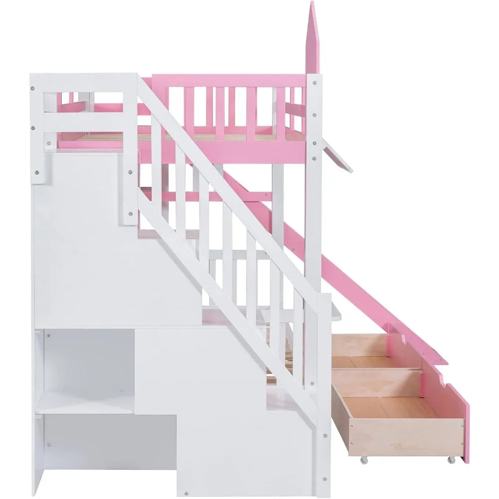 Twin Over Twin Bunk Bed with Slide, Staircase Storage and Drawers