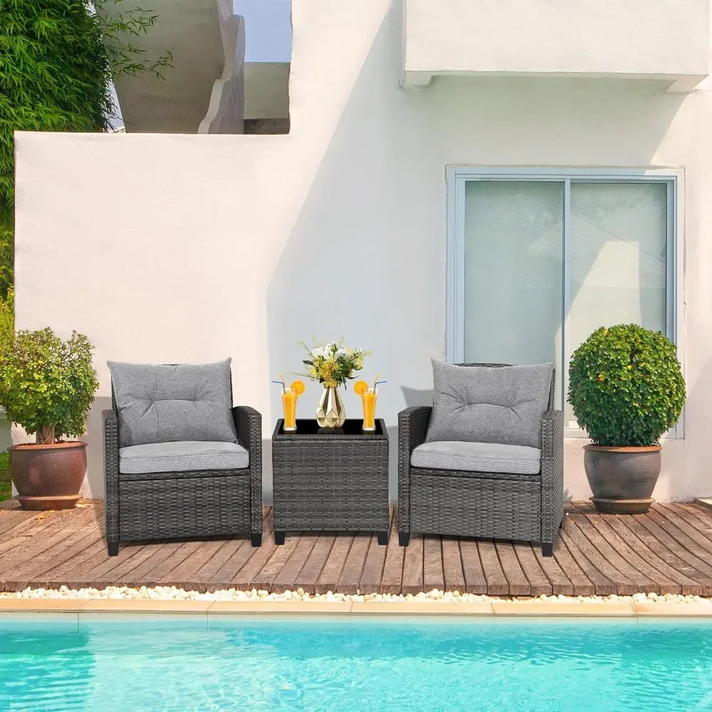 3 Piece Outdoor Rattan Sofa Set with Tempered Glass Tabletop