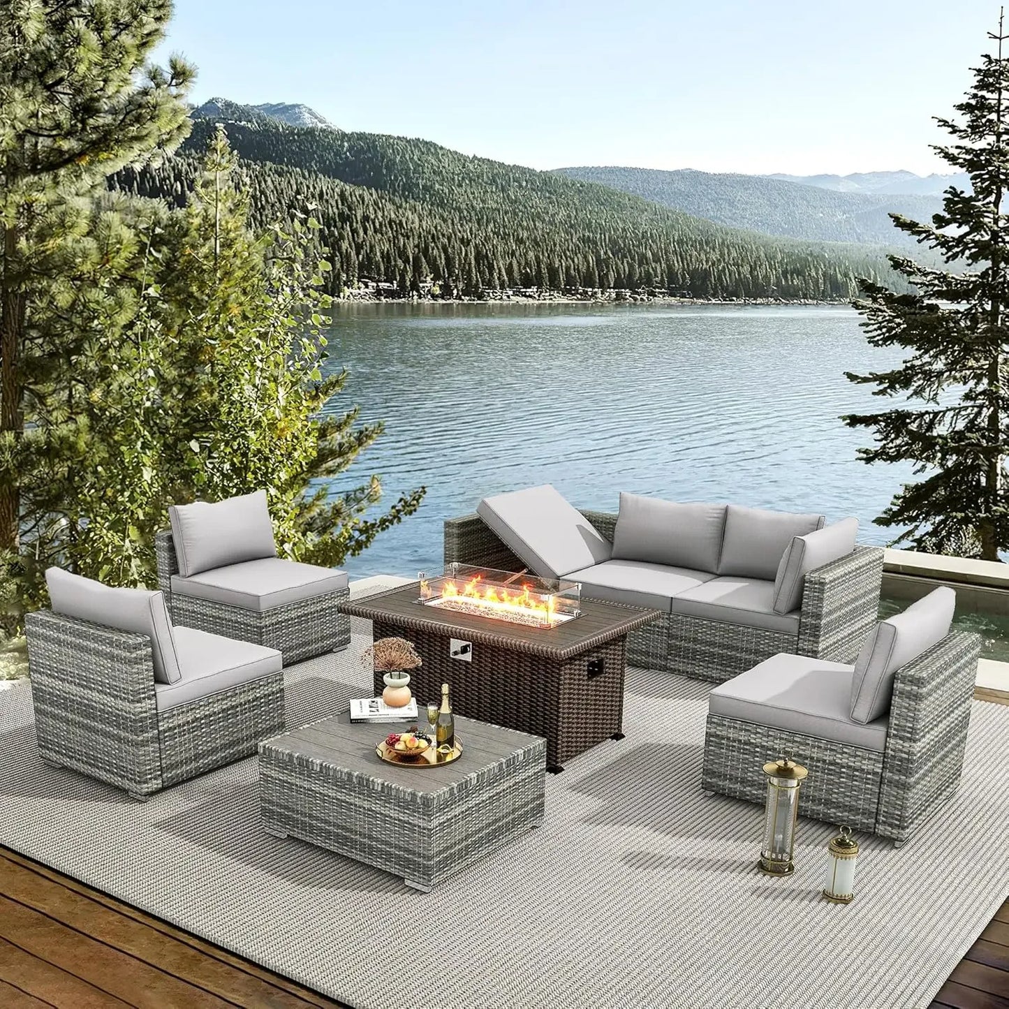 7 Pieces Outdoor Patio Furniture Set with 50" Propane Fire Pit Table