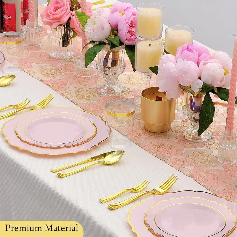 300 PCS Pink Dinnerware Set for 50 Guests,Heavy Duty Plastic Disposable Plates