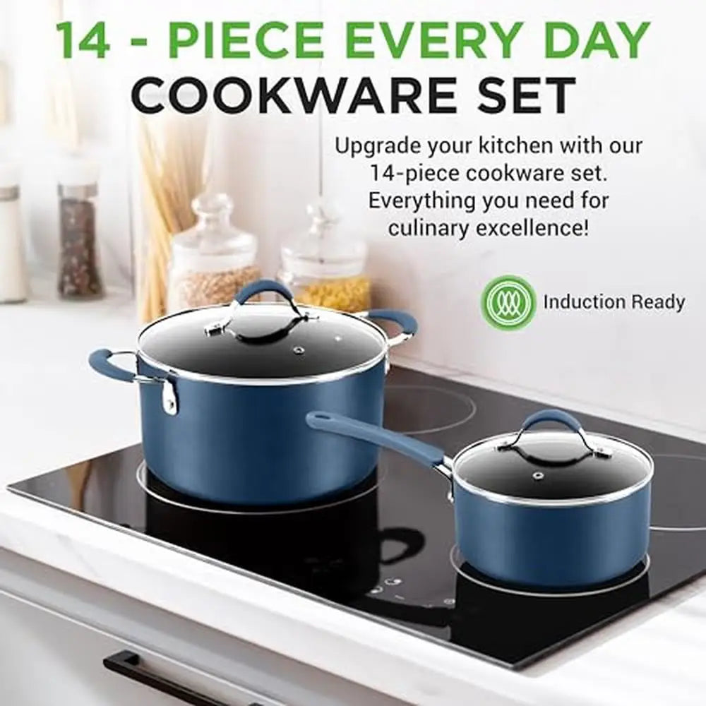 14-Piece Navy Blue Non-Stick Cookware Set