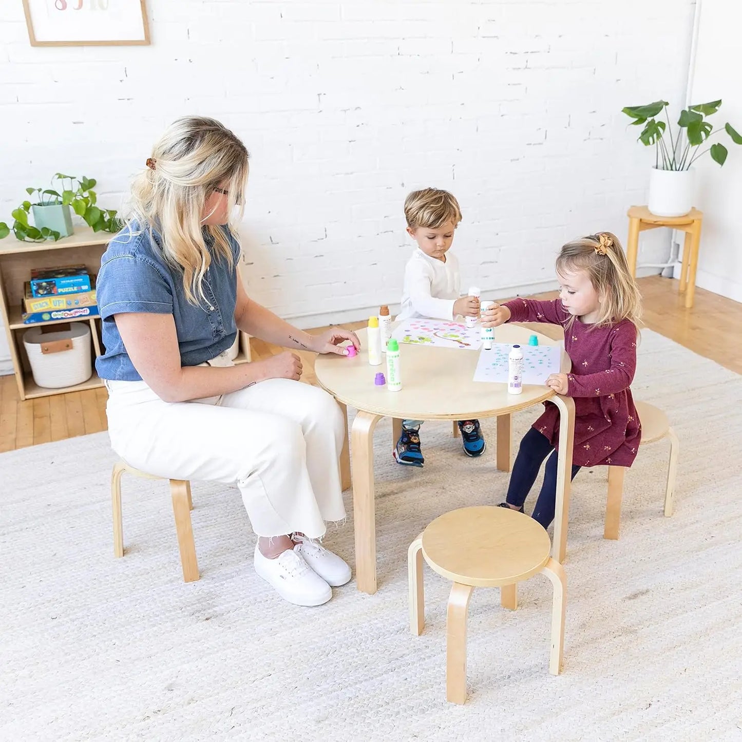 Round Bentwood Table and Stool Set, Natural, 5-Piece