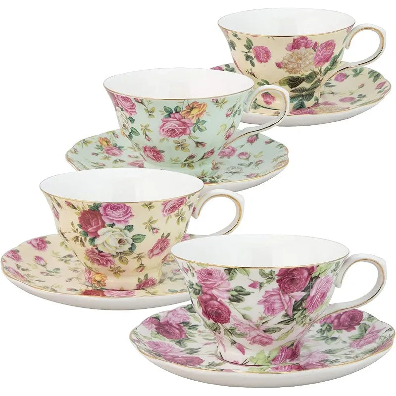 Rose Chintz 8-Ounce Porcelain Tea Cup and Saucer, Set of 4