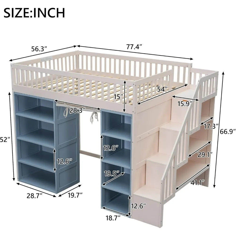 Full Size Loft Bed with Stairs and 2 Four-Layer Storage Cabinets and Curtain, for Kids, Teens, Adults (White+Blue)