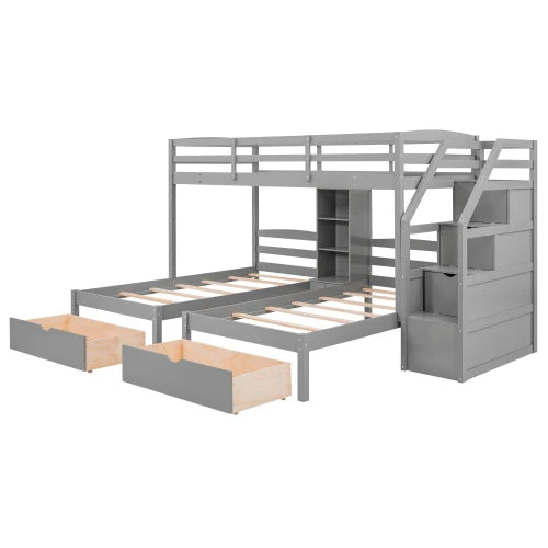 Wood Full over Twin & Twin Bunk Bed,Triple Bunk Bed with Drawers