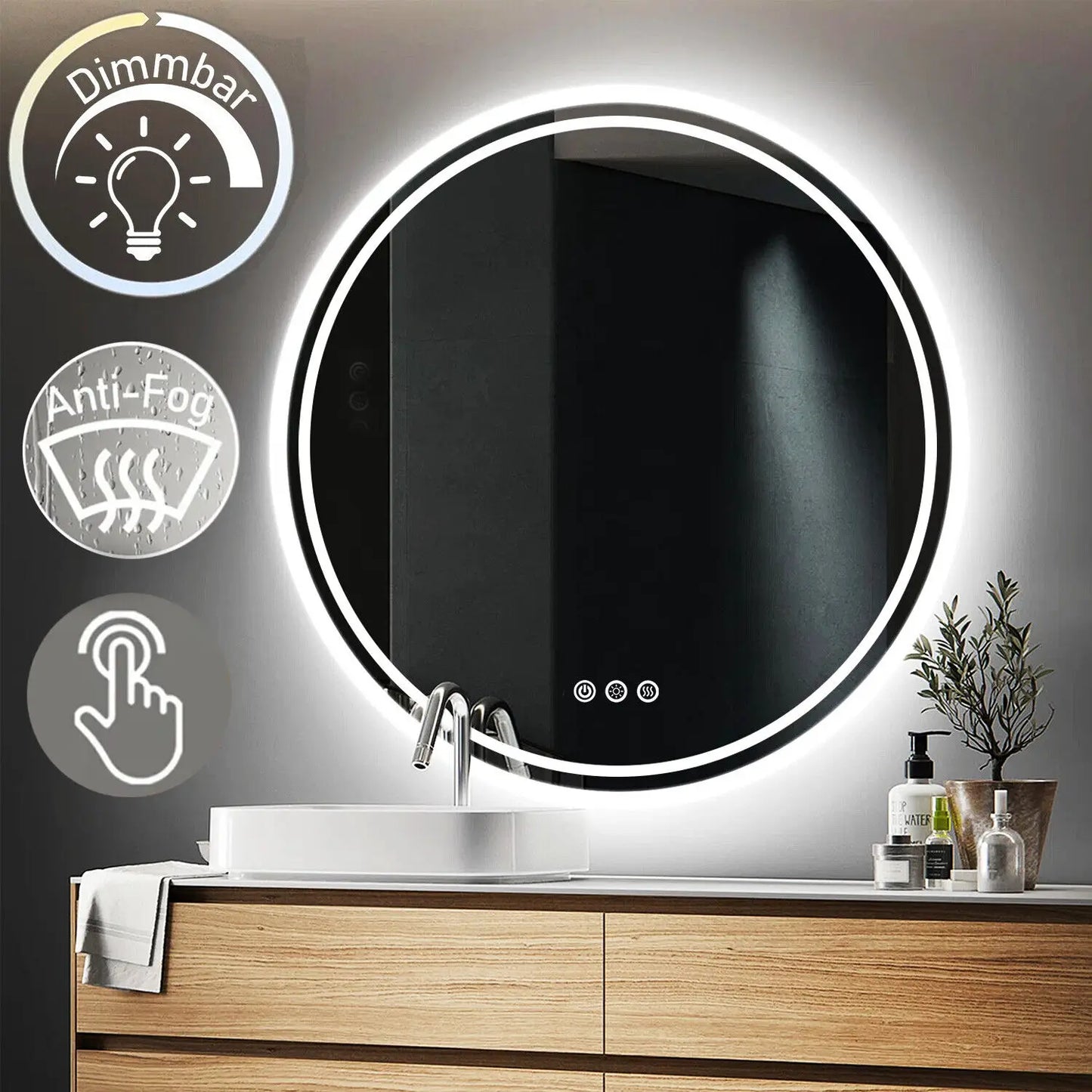 LED Touch Screen Dimmable Anti-fog Intelligent Illuminate Bathroom Mirror