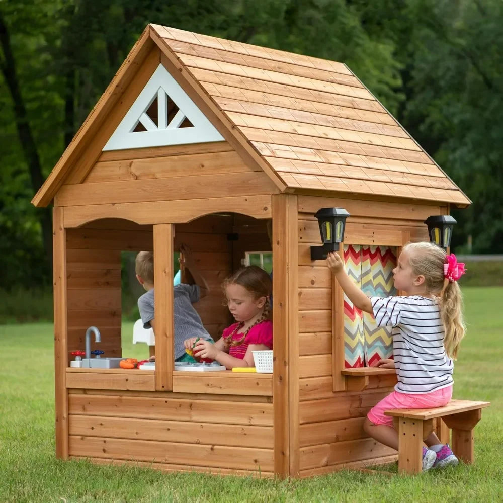 Kid's All Cedar Playhouse with Attached Picnic Bench