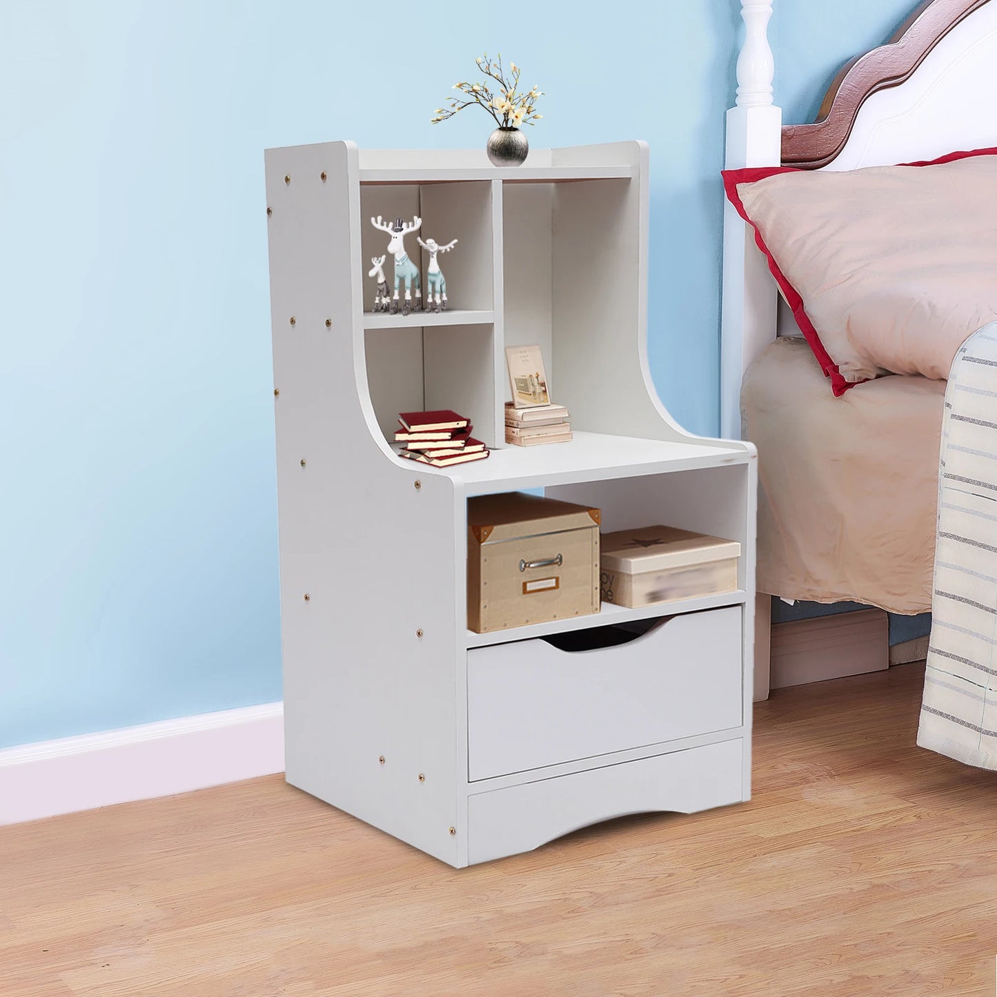 Free-Standing Wood Nightstand with Drawer and Open Shelf