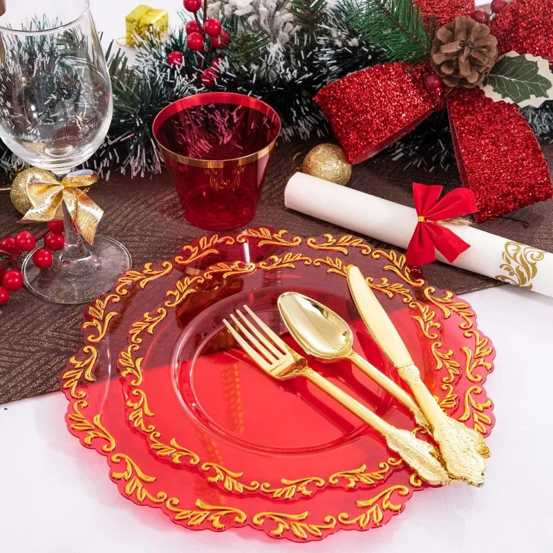 175PCS Clear Green Plastic Plates & Gold Plastic Silverware & Clear Green Cups & Gold Napkins, Service 25 Guest