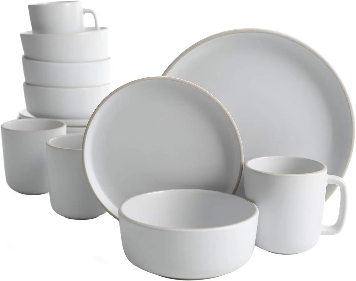 Zuma Stoneware Plates, Bowls, & Mugs Dinnerware Set - Matte , Service for Four (16pcs)