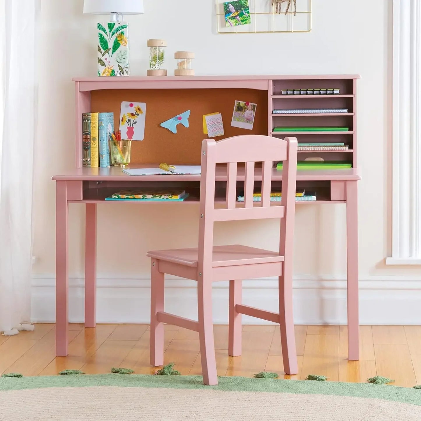 Children’s Wooden Media Desk and Chair Set with Hutch and Storage