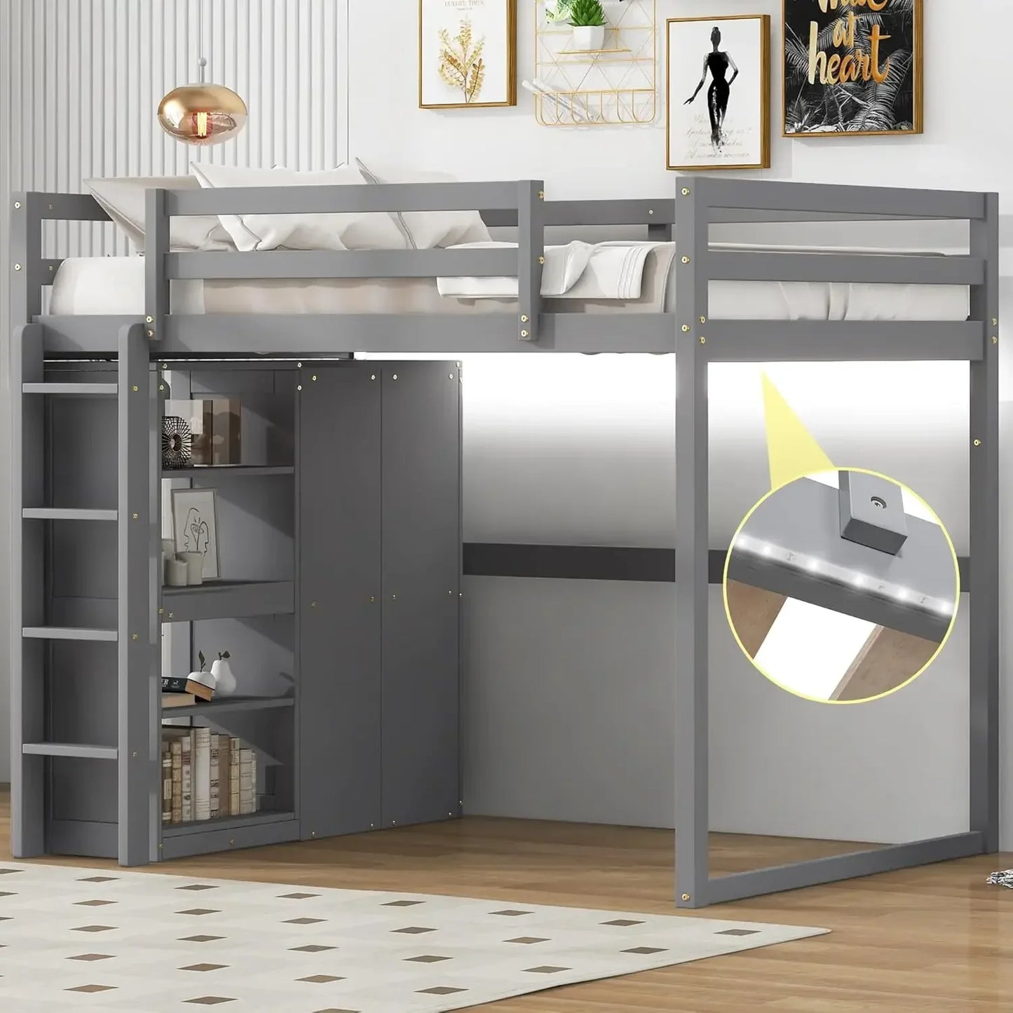 Full Size Loft Bed Frame with Wardrobe and Desk