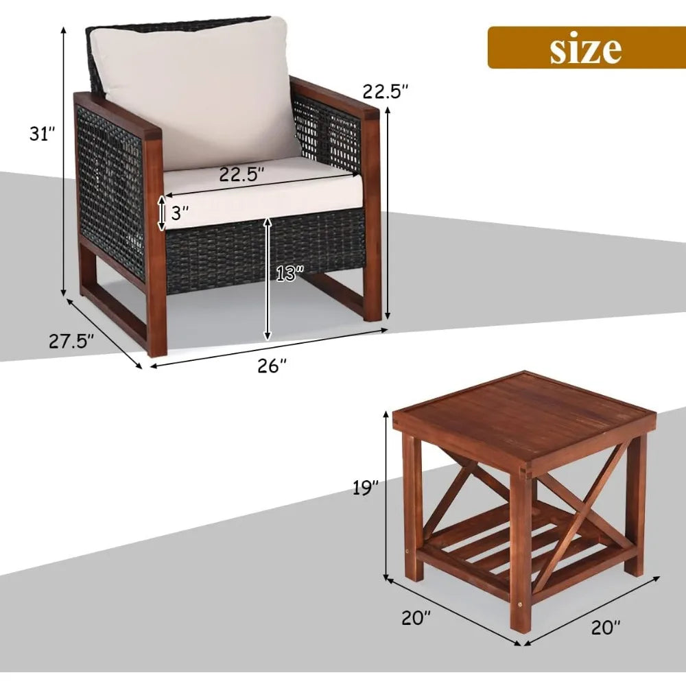 3 Piece Wicker Patio Furniture Set w/Washable Cushion & Acacia Wood Coffee Table