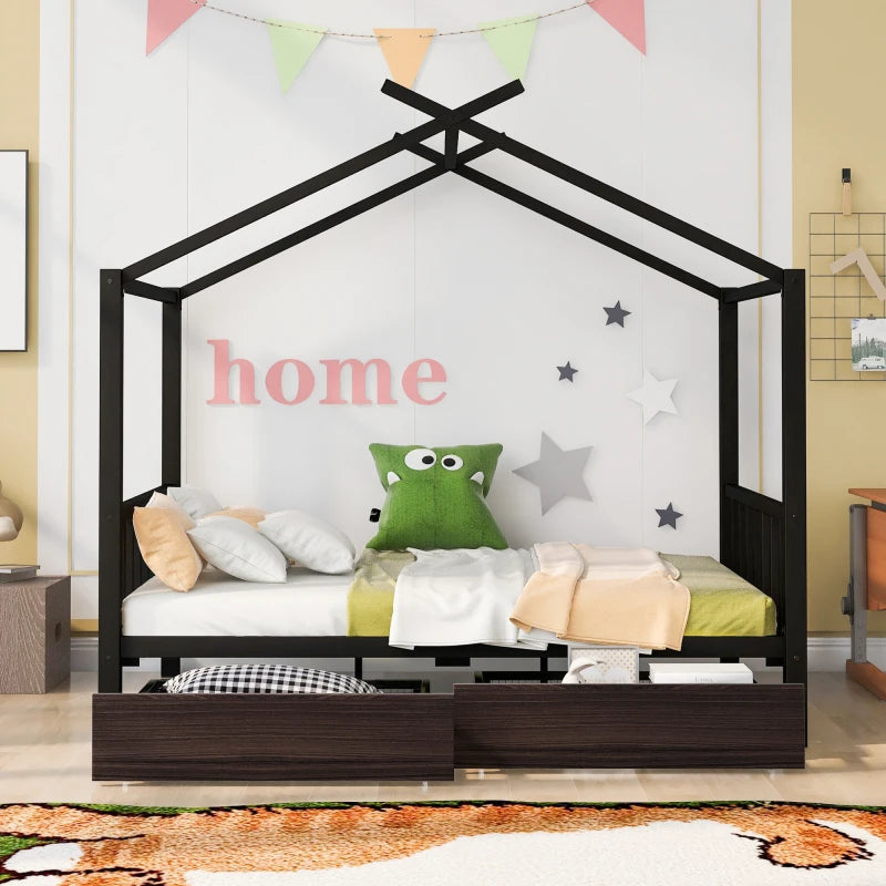 Wooden House Bed Frame for Kids with Ample Storage Options, Roof Design