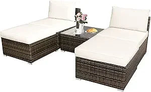 5 Piece Wicker Lounge Chair Set with Tempered Glass Coffee Table