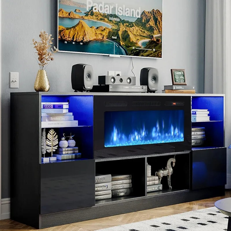 Fireplace TV Stand with 36” Electric Fireplace, 70” TV Console Stand for TVs Up to 80", LED Lights, Entertainment Center,