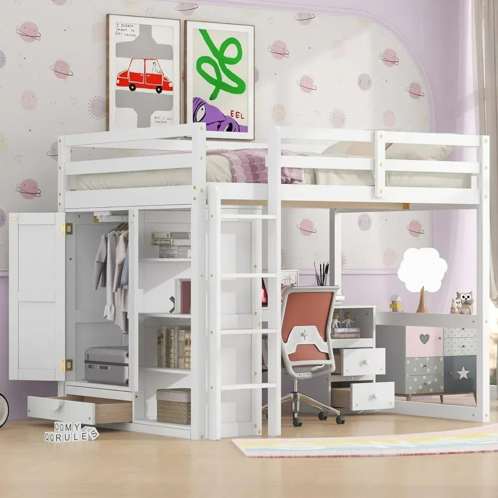 Full Size Loft Bed Frame with Wardrobe and Desk