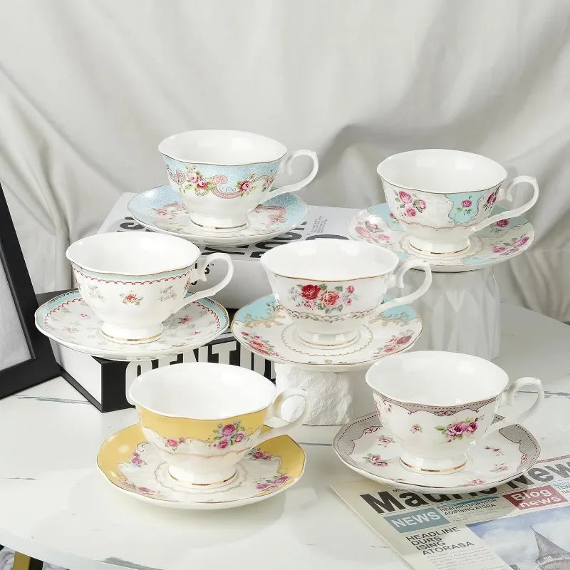 Set of 6, Colorful Floral Porcelain Coffee Cup with Saucer