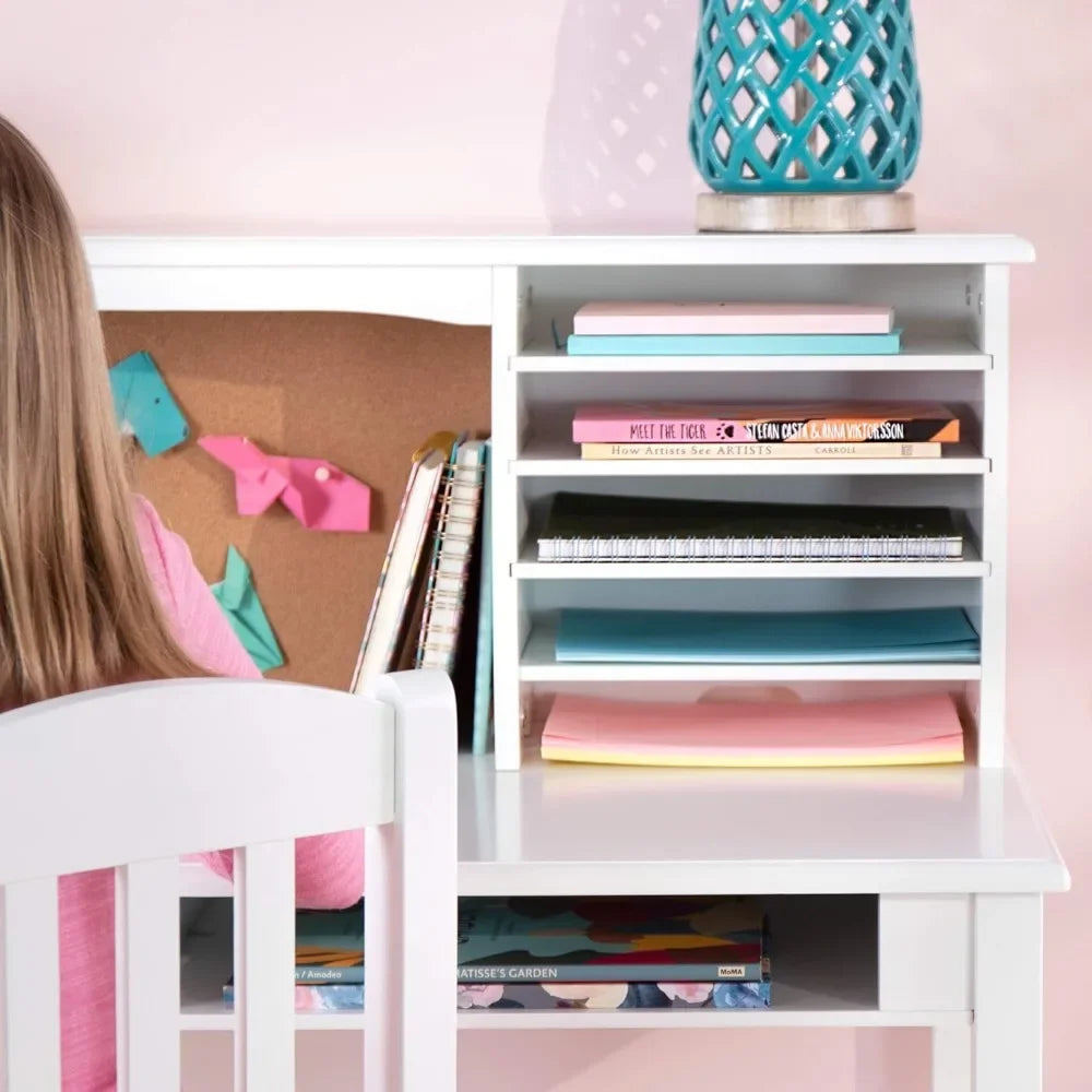 Children’s Wooden Media Desk and Chair Set with Hutch and Storage