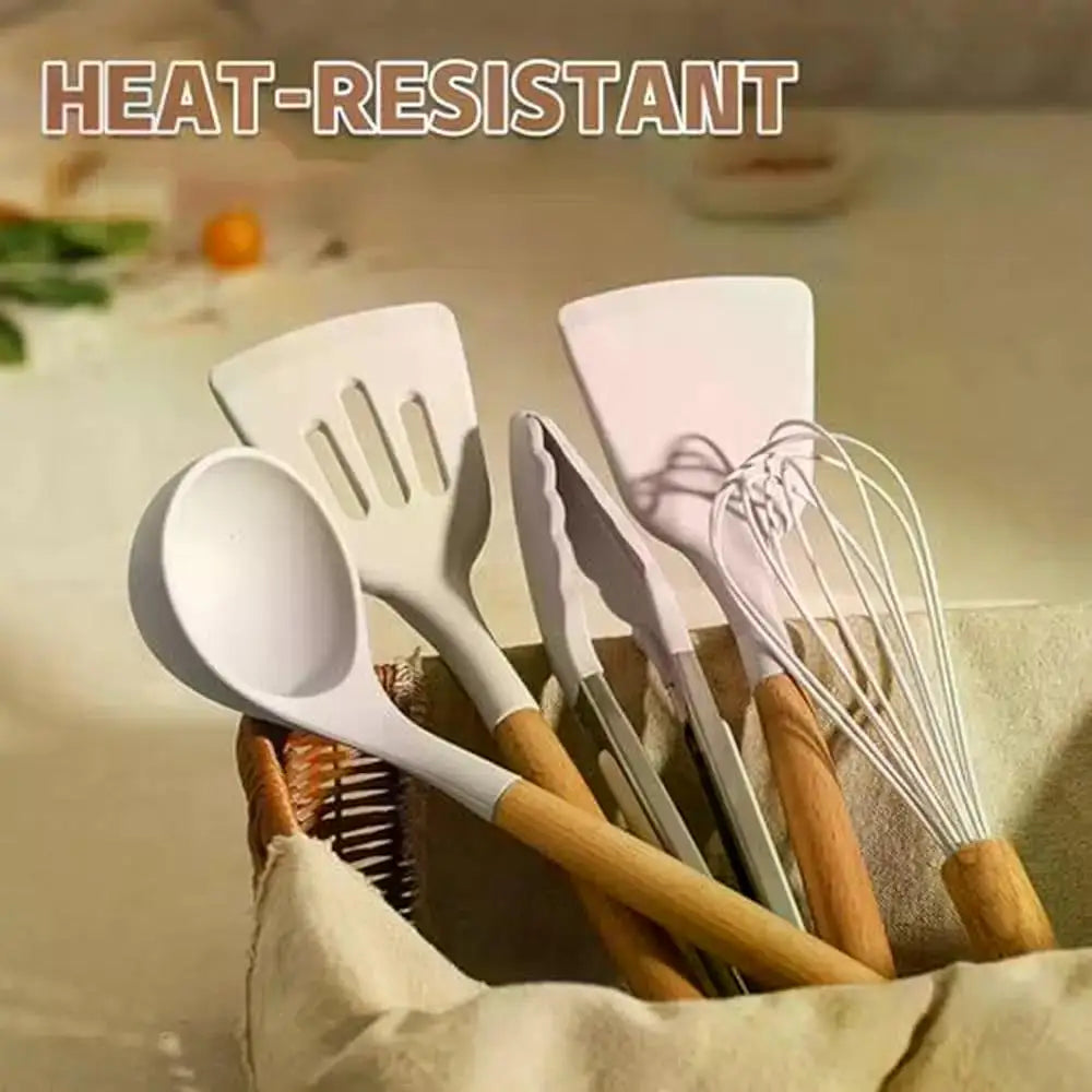 33-Piece Wooden Handle Silicone Kitchen Utensils Set