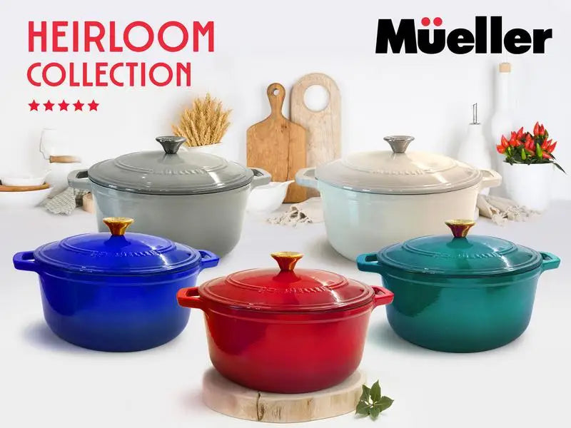 Mueller DuraCast Enameled Cast lron Dutch OvenPot with Lid, 4.5, 6 or 7.5 QT, Casserole Dish,Braiser Pan