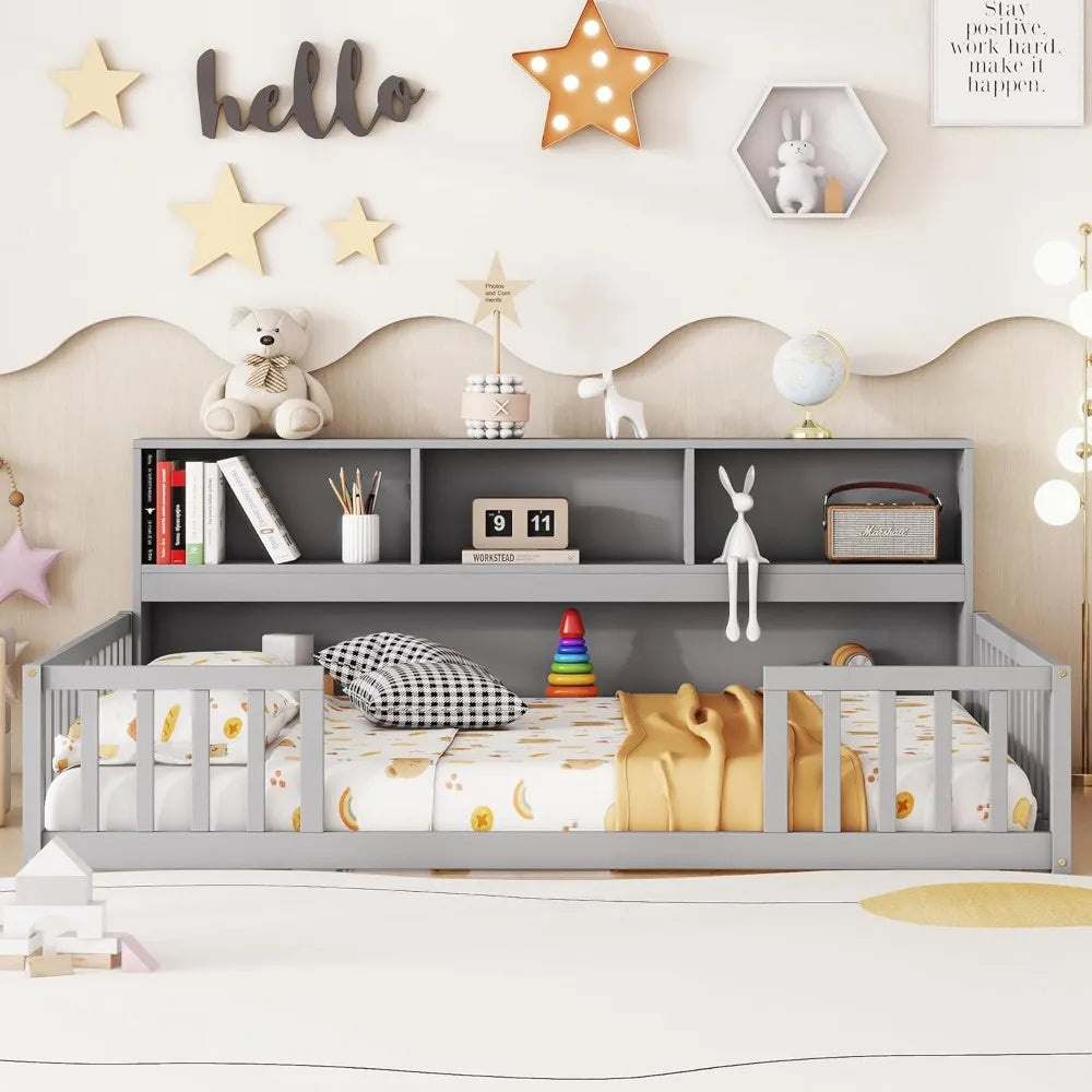 Easy To Assemble Kids Floor Bed with Bookcase and Shelves