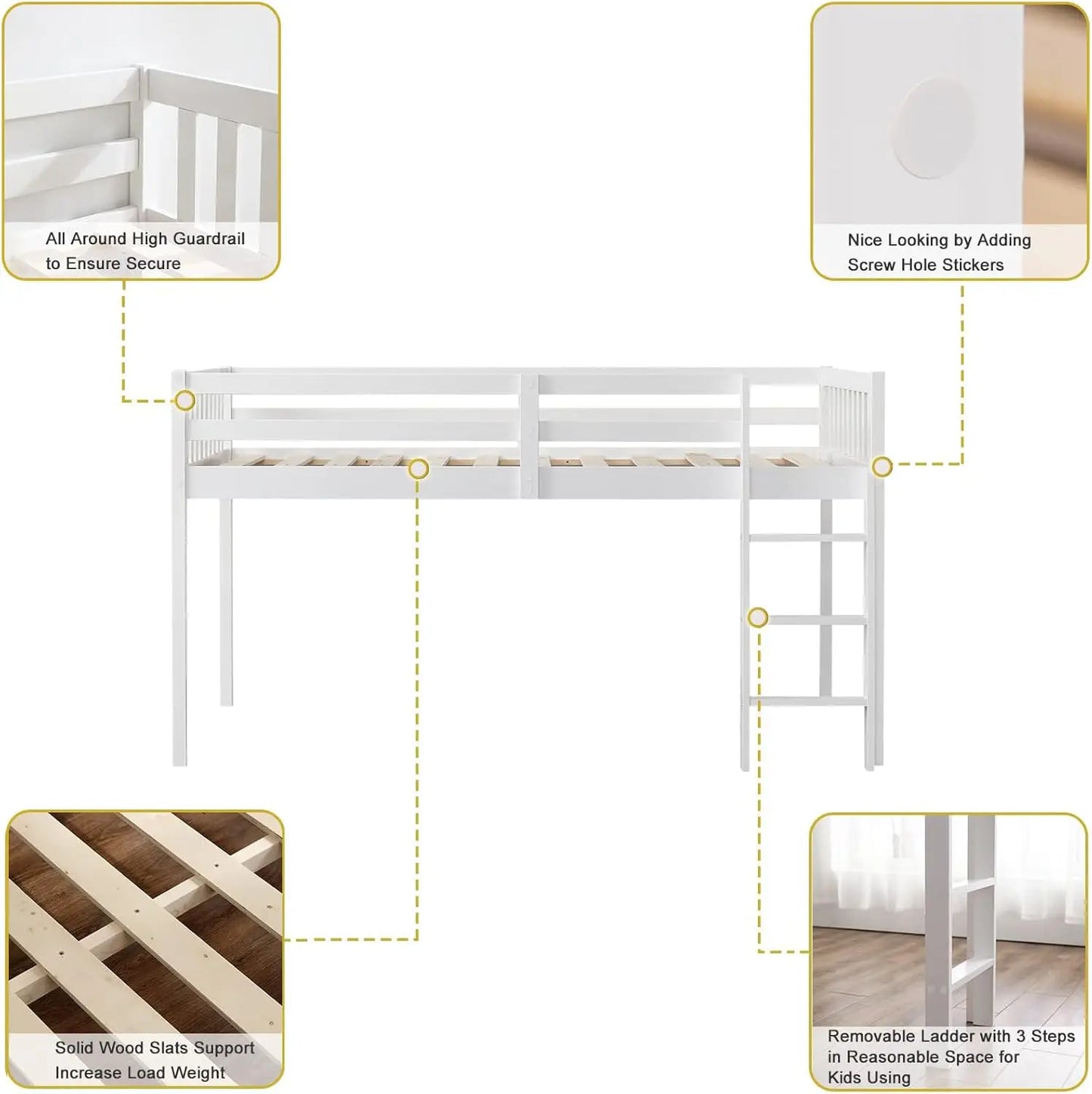 Twin Over Twin Solid Wood Bunk Bed Frame with Ladder and Guard Rail Space