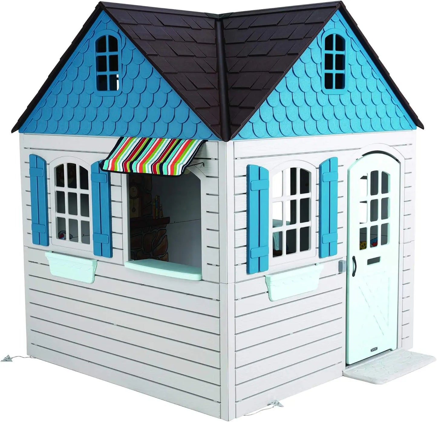 Plastic Outdoor Playhouse, Door with Mail Slot and Working Doorbell, Play Sink and Stove Combo, Toy Food, Pans, and Utensils