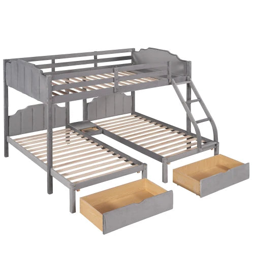 Wood Full over Twin & Twin Bunk Bed,Triple Bunk Bed with Drawers