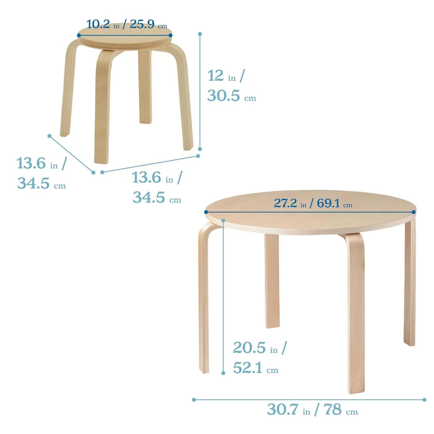 Round Bentwood Table and Stool Set, Natural, 5-Piece