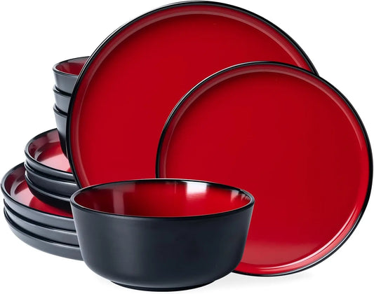 12-Piece Luxury 2 tone Red and Black Melamine Dinnerware Set