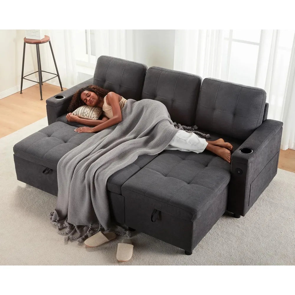 Pull Out Couch Bed with Storage Chaise, USB Charging Port & Cup Holders