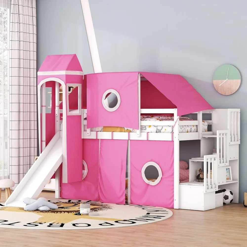 (Twin Size, Pink) Playhouse Loft Bed Frame with Tent and Tower,