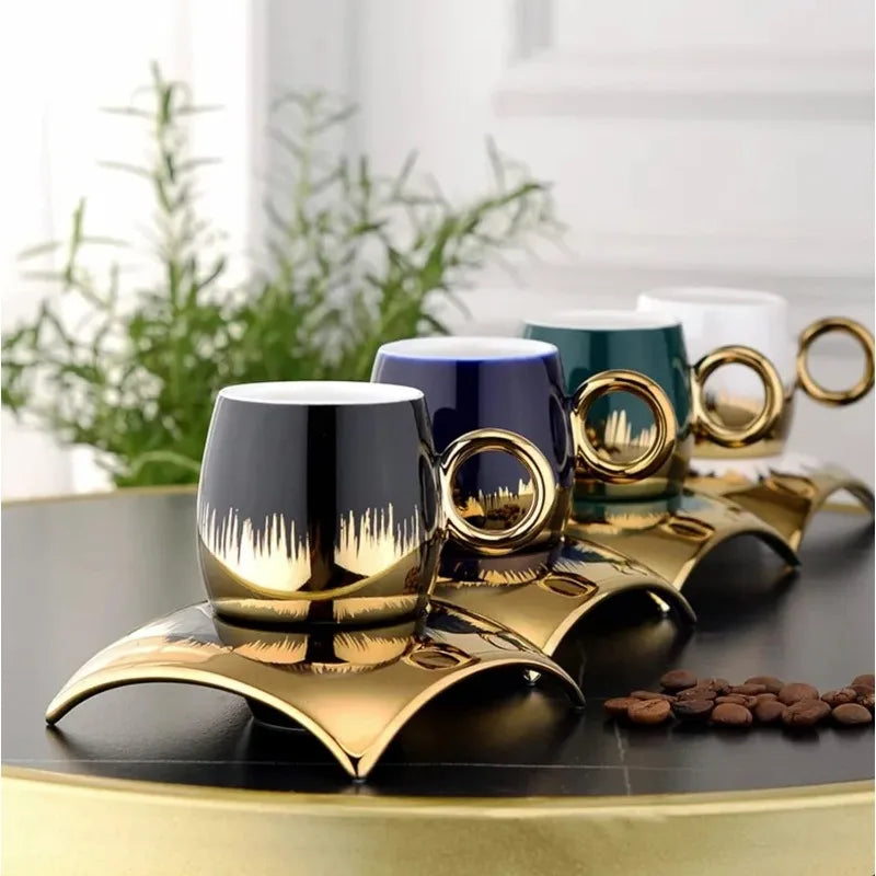 Turkish Coffee Cup Set of 6 with Saucers & Tray - Luxury Arabic Greek Japanese Marble Ceramic Tea Cups for Espresso, Cappuccino