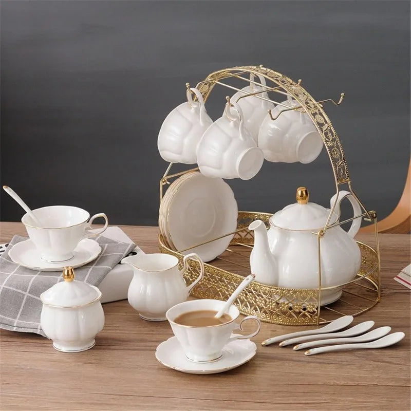 15 Piece Simple White English Ceramic Tea Set with Metal Holder, Matching Spoons