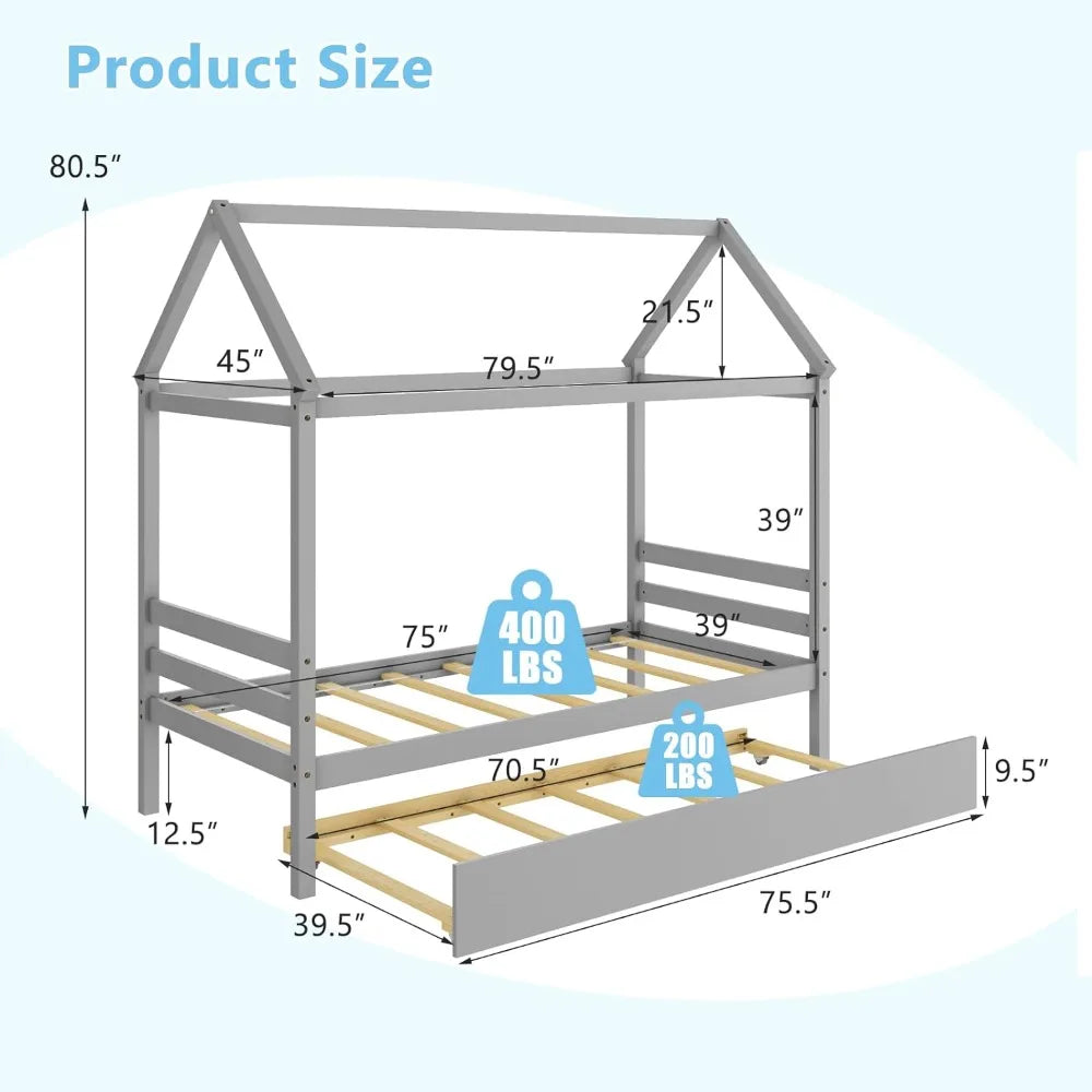 Solid Wood Twin Size House Bed Frame with Trundle