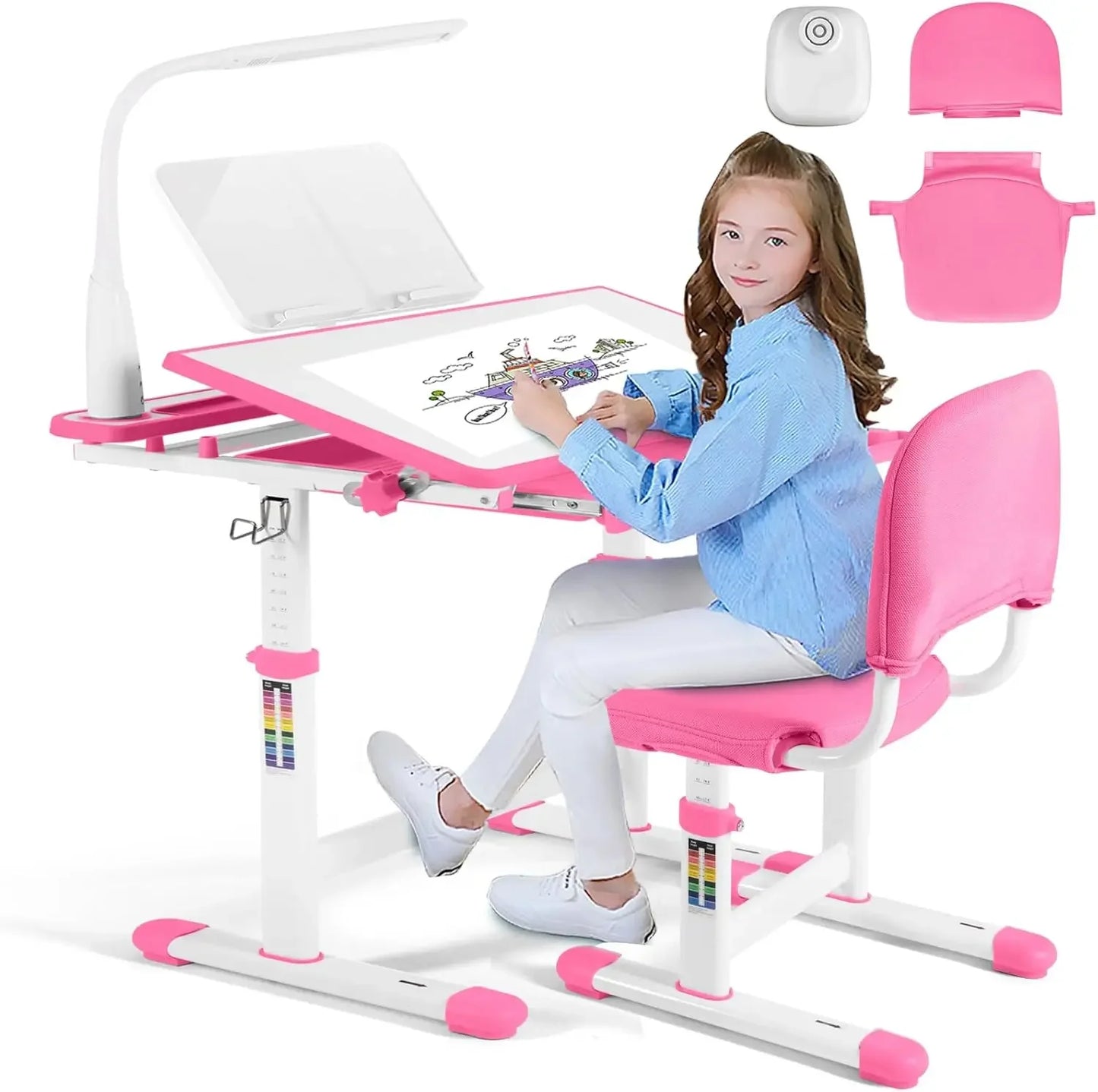 Height Adjustable Kids Study Desk and Chair Set with LED Lamp