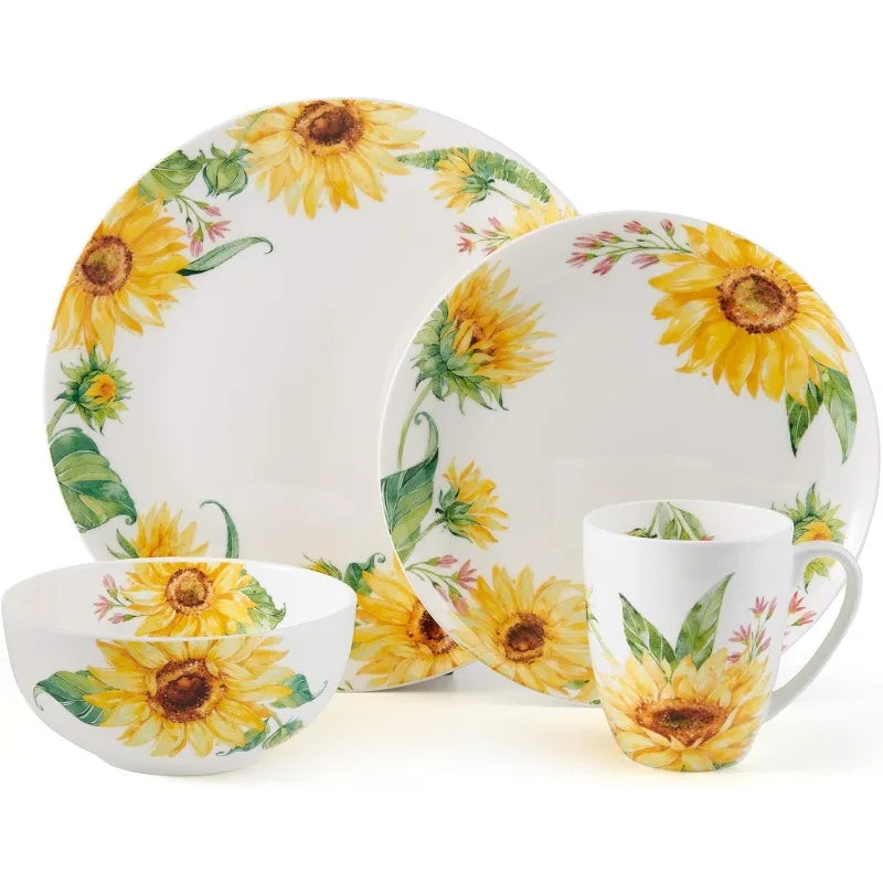 16 Piece Sunflower Lightweight Chip Resistant Bone China Dinnerware Set, Service for 4