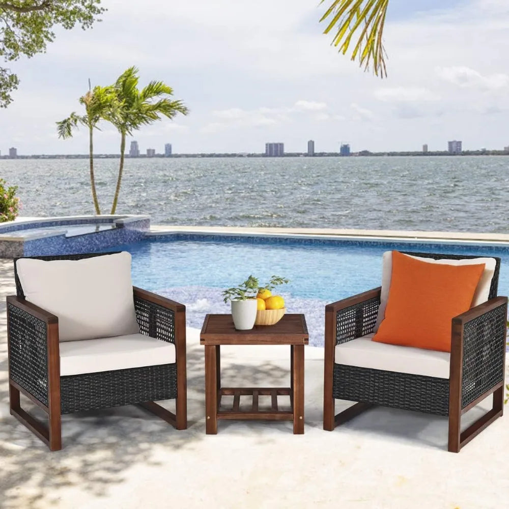 3 Piece Wicker Patio Furniture Set w/Washable Cushion & Acacia Wood Coffee Table