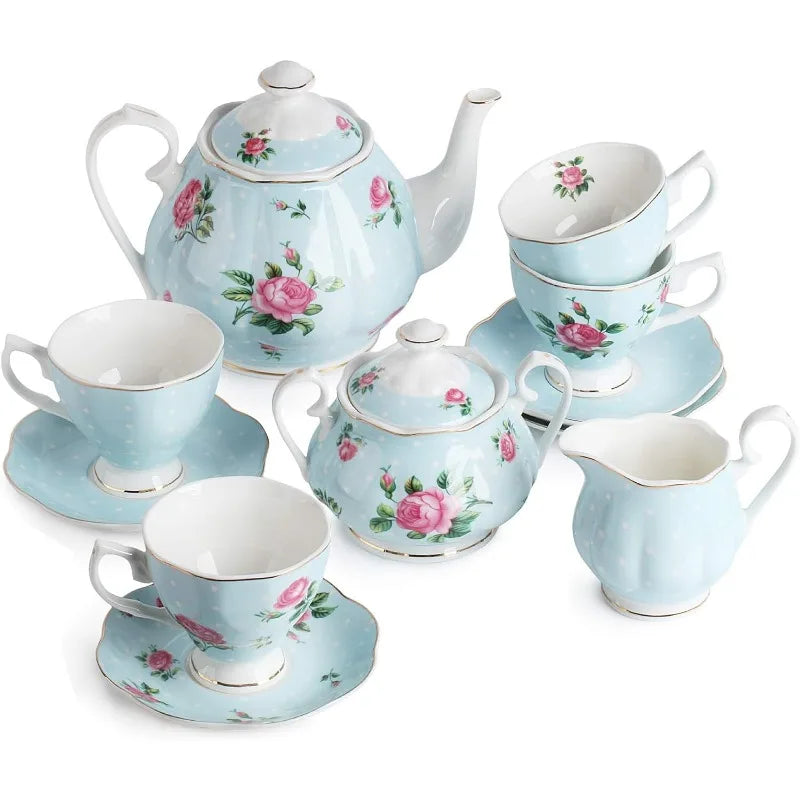 Floral Tea cups (8oz), Tea Pot (38oz), Creamer and Sugar Set, Gift box, Cups and Saucer Set