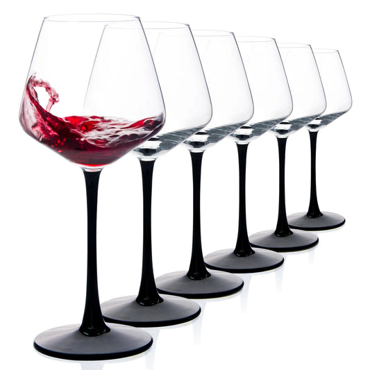 Set of 6, 15.5 Oz Wine Glasses with Black Stem & Base, Dishwasher Safe