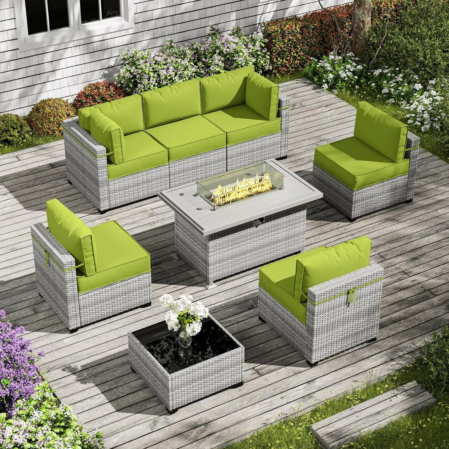 8 Piece Wicker Patio Furniture Set Includes 4 Center Sofas, 2 Corner Sofas, 1 Gas Fireplace Table, And A Tempered Glass Coffee Table