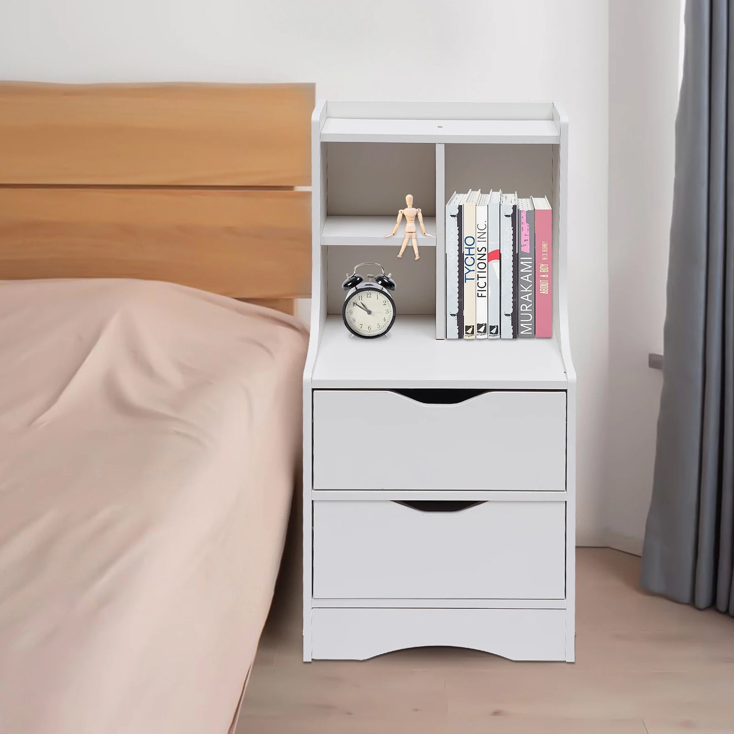 Wood Nightstand Side Table with 2 Drawers and Storage Shelves