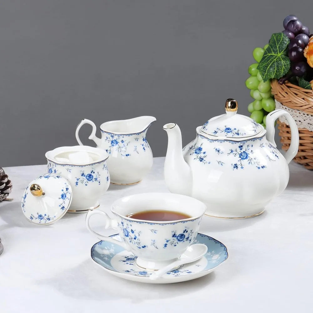 21 Piece Floral Porcelain , British Tea Cup and Saucer Set for 6