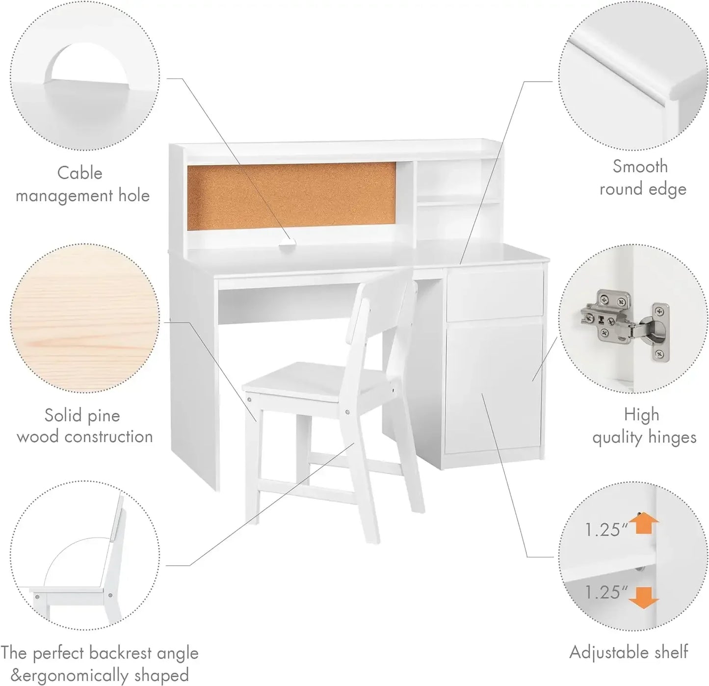 Kids Wooden Study Desk and Chair Set with Hutch and Storage Cabinet