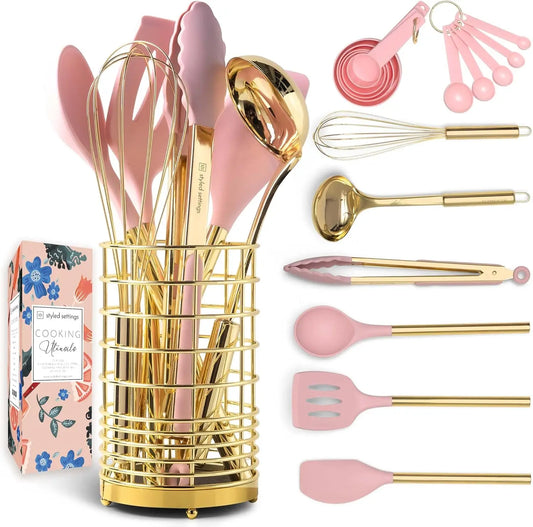 17 PC Gold & Pink Silicone Cooking Utensils Set Includes: Gold Utensil Holder